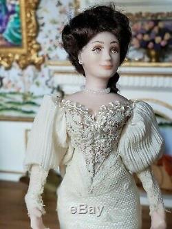Dollhouse Miniature Artisan Porcelain Doll in White Evening Gown 112