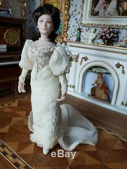 Dollhouse Miniature Artisan Porcelain Doll in White Evening Gown 112