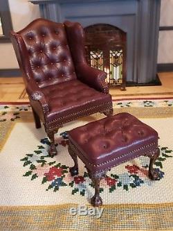 Dollhouse Miniature Artisan Signed Gail Steffey Leather Wing Back Chair Ottoman