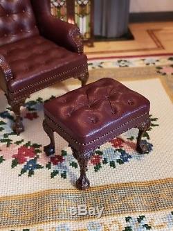 Dollhouse Miniature Artisan Signed Gail Steffey Leather Wing Back Chair Ottoman