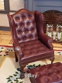 Dollhouse Miniature Artisan Signed Gail Steffey Leather Wing Back Chair Ottoman