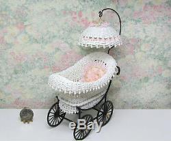 Dollhouse Miniature White Wicker Baby Carriage by Wilhelmina