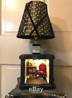 Dollhouse witch room box, made from a vintage lamp, lights up, artisan 112 1/12