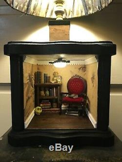 Dollhouse witch room box, made from a vintage lamp, lights up, artisan 112 1/12