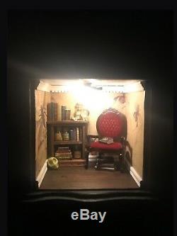 Dollhouse witch room box, made from a vintage lamp, lights up, artisan 112 1/12