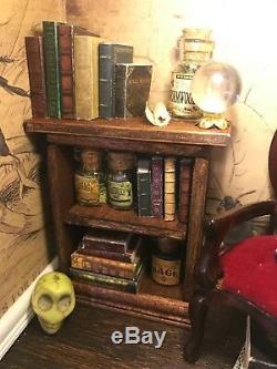 Dollhouse witch room box, made from a vintage lamp, lights up, artisan 112 1/12