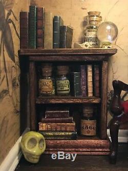 Dollhouse witch room box, made from a vintage lamp, lights up, artisan 112 1/12
