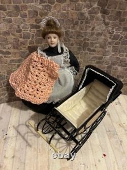 Dolls House 1/12 Scale Miniature Artisan CYR Metal Vintage Pram & Blanket