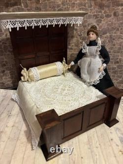 Dolls House 1/12 Scale Miniature Artisan Half Tester Double Bed & Bedding Ooak