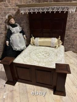 Dolls House 1/12 Scale Miniature Artisan Half Tester Double Bed & Bedding Ooak