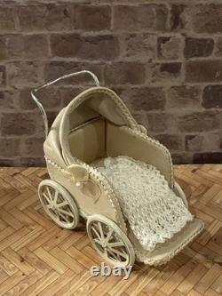 Dolls House 1/12 Scale Rare Miniature Artisan Pushchair Pram Real Cream Leather