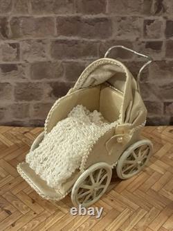 Dolls House 1/12 Scale Rare Miniature Artisan Pushchair Pram Real Cream Leather