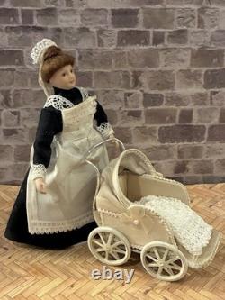 Dolls House 1/12 Scale Rare Miniature Artisan Pushchair Pram Real Cream Leather