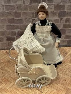 Dolls House 1/12 Scale Rare Miniature Artisan Pushchair Pram Real Cream Leather