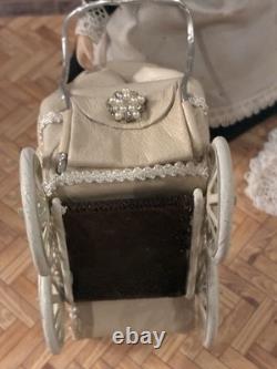Dolls House 1/12 Scale Rare Miniature Artisan Pushchair Pram Real Cream Leather