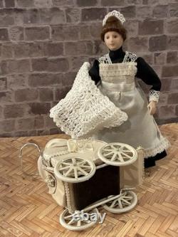 Dolls House 1/12 Scale Rare Miniature Artisan Pushchair Pram Real Cream Leather