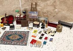 Dolls House 112th Violin Easel Typewriter Briefcase Books Lamp 50+ pc Study Set