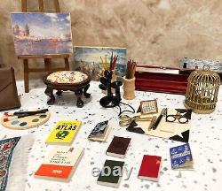 Dolls House 112th Violin Easel Typewriter Briefcase Books Lamp 50+ pc Study Set