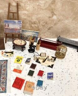 Dolls House 112th Violin Easel Typewriter Briefcase Books Lamp 50+ pc Study Set