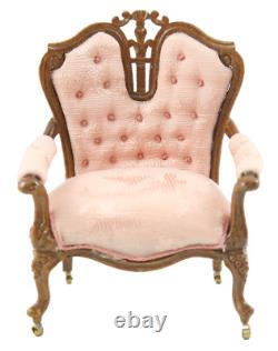 Dolls House American Pink Victorian Armchair JBM Walnut Living Room Furniture