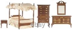 Dolls House Bedroom Furniture Set with 4 Poster Canopy Bed Walnut Fawn Victorian