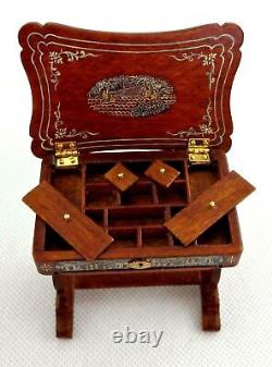 Dolls House Chinese Hand Painted Needlework Sewing Box Walnut JBM Miniature