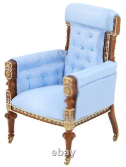 Dolls House French Blue and Walnut Armchair JBM Miniature Living Room Furniture