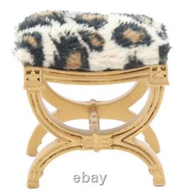 Dolls House Gold Painted Leopard Print Fur X Frame Stool Miniature JBM Furniture