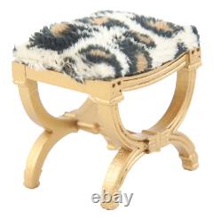 Dolls House Gold Painted Leopard Print Fur X Frame Stool Miniature JBM Furniture