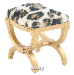 Dolls House Gold Painted Leopard Print Fur X Frame Stool Miniature JBM Furniture