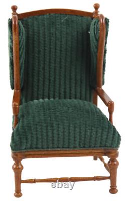 Dolls House Green Cord Open Armchair Walnut JBM Miniature Living Room Furniture