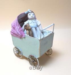 Dolls House Miniature ARTISAN NURSERY TOY SHOP DOLLY AND BEAR IN OLD PRAM