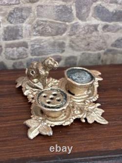 Dolls House Miniature Antique Soft Metal Gold Colour Ornate Dog Theme Inkwell