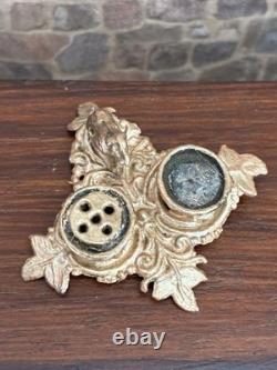 Dolls House Miniature Antique Soft Metal Gold Colour Ornate Dog Theme Inkwell