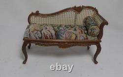 Dolls House Miniature Cane Style Dark Walnut Chaise Figural Antique Petit Point