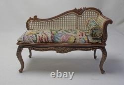 Dolls House Miniature Cane Style Dark Walnut Chaise Figural Antique Petit Point