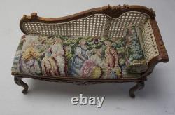 Dolls House Miniature Cane Style Dark Walnut Chaise Figural Antique Petit Point