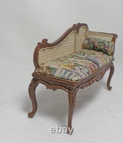 Dolls House Miniature Cane Style Dark Walnut Chaise Figural Antique Petit Point