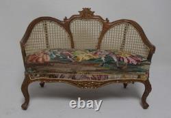 Dolls House Miniature Cane Style Dark Walnut Sofa Figural Antique Petit Point