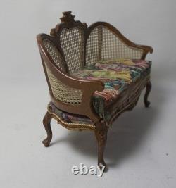 Dolls House Miniature Cane Style Dark Walnut Sofa Figural Antique Petit Point