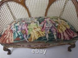 Dolls House Miniature Cane Style Dark Walnut Sofa Figural Antique Petit Point