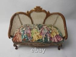 Dolls House Miniature Cane Style Dark Walnut Sofa Figural Antique Petit Point