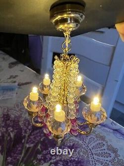 Dolls House Miniature Gold & Crystal 5 Arm Chandelier With Battery And On/off