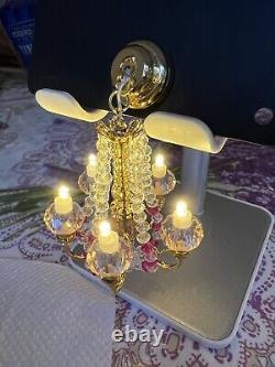 Dolls House Miniature Gold & Crystal 5 Arm Chandelier With Battery And On/off