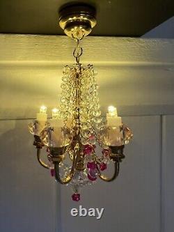 Dolls House Miniature Gold & Crystal 5 Arm Chandelier With Battery And On/off