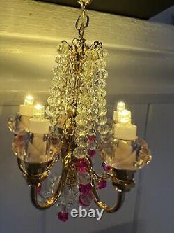 Dolls House Miniature Gold & Crystal 5 Arm Chandelier With Battery And On/off