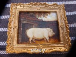 Dolls House Miniature Oil Painting A Prize Pig in it's Sty