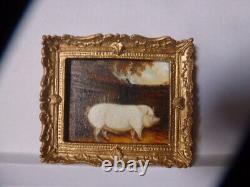 Dolls House Miniature Oil Painting A Prize Pig in it's Sty