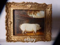 Dolls House Miniature Oil Painting A Prize Pig in it's Sty