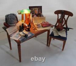 Dolls House Miniature Sherlock Holmes inspired Filled Table and chair (b)